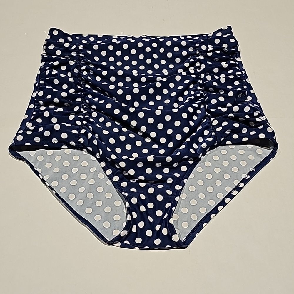 Navy and white polka dot high waisted runched side,swim bottom size XL